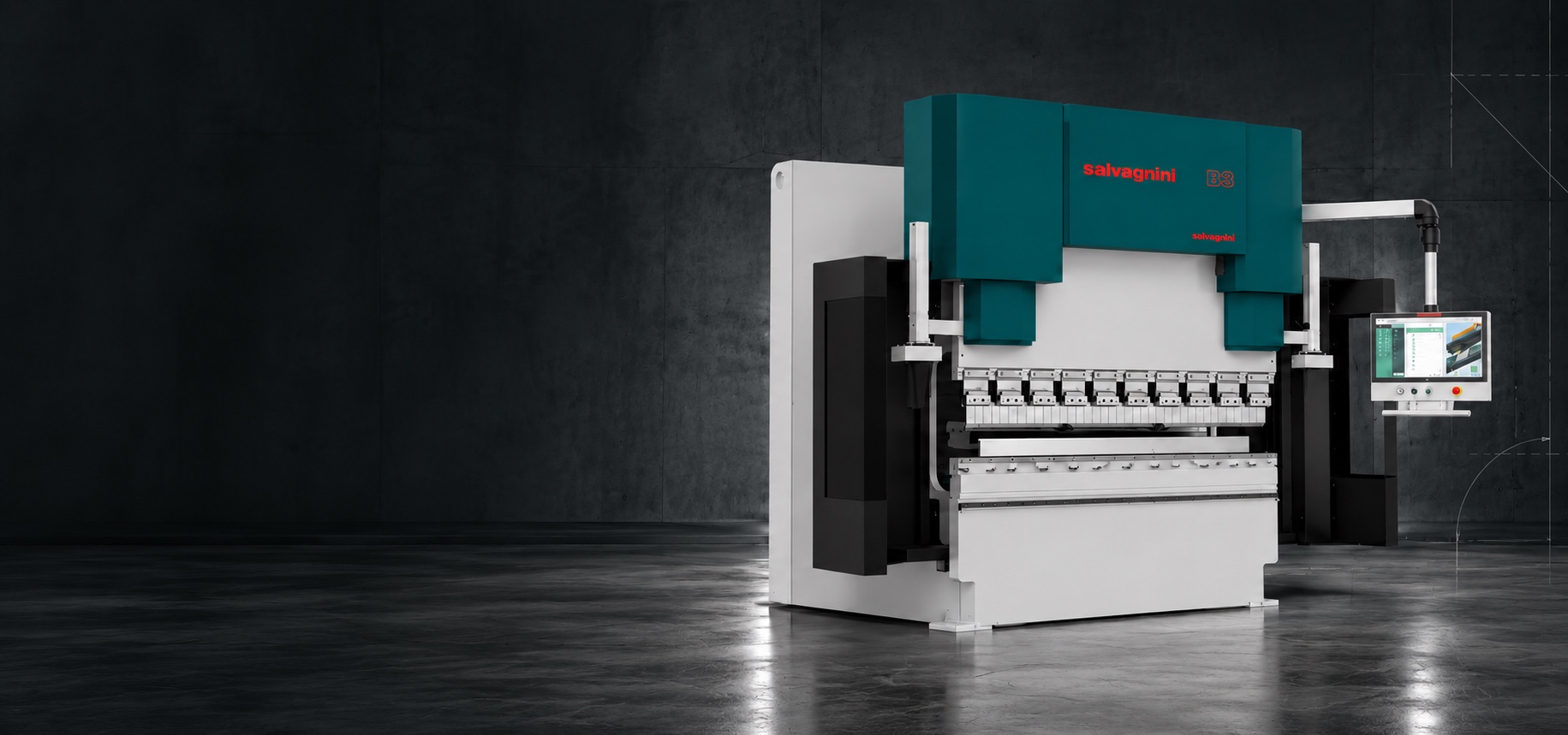 Salvagnini B3 press brake in a dark industrial studio